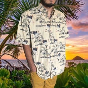 CROSSINGS | 100% Cotton Hawaiian Beige Swordfish Shirt  Tropical Button Down